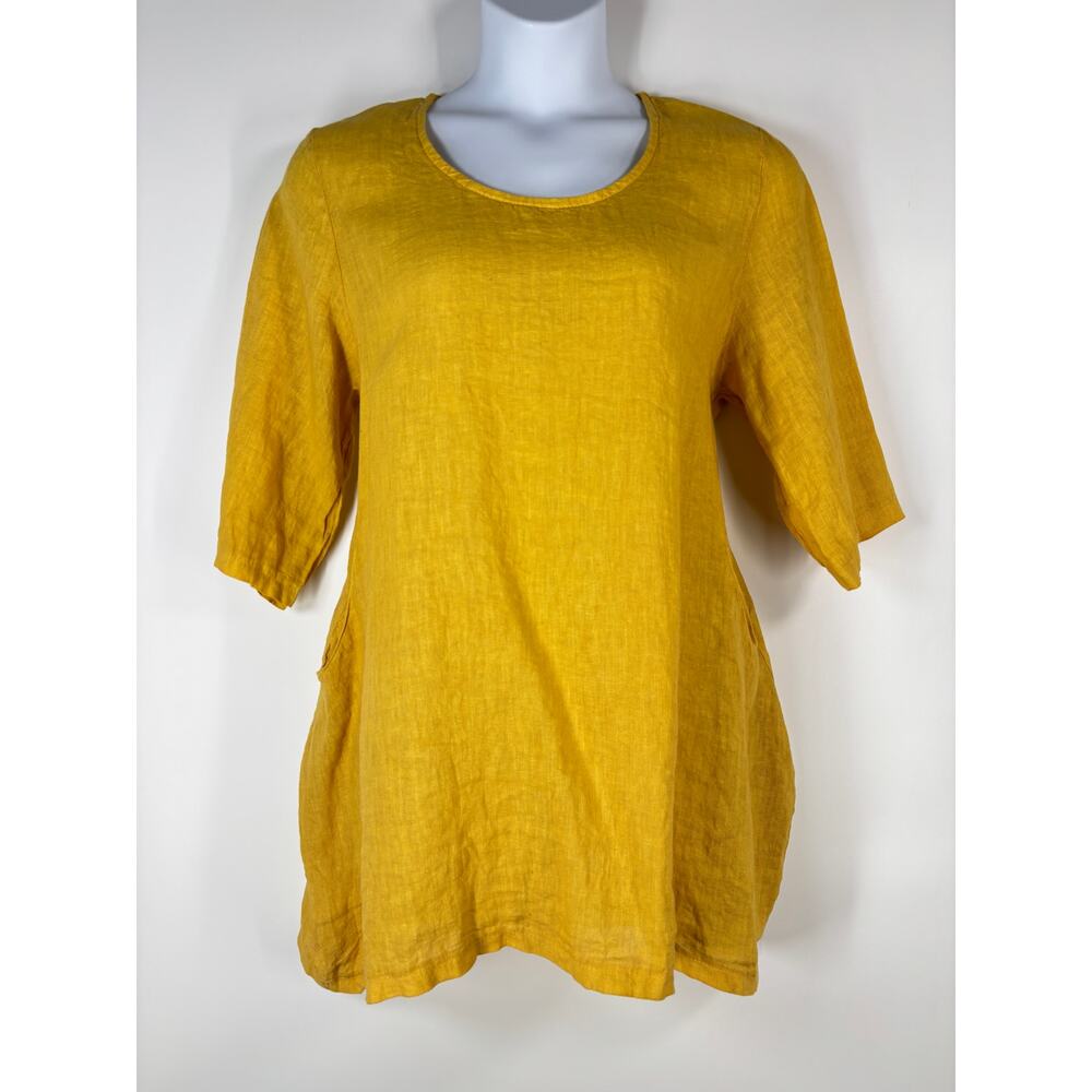 Antonello Serio Women's Top XL Made in Italy Linen Mustard Yellow Tunic Coastal